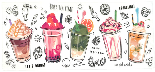 Illustration of various bubble tea drinks with decorative elements on a white background.