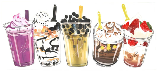 Illustration of various bubble tea drinks with different toppings.