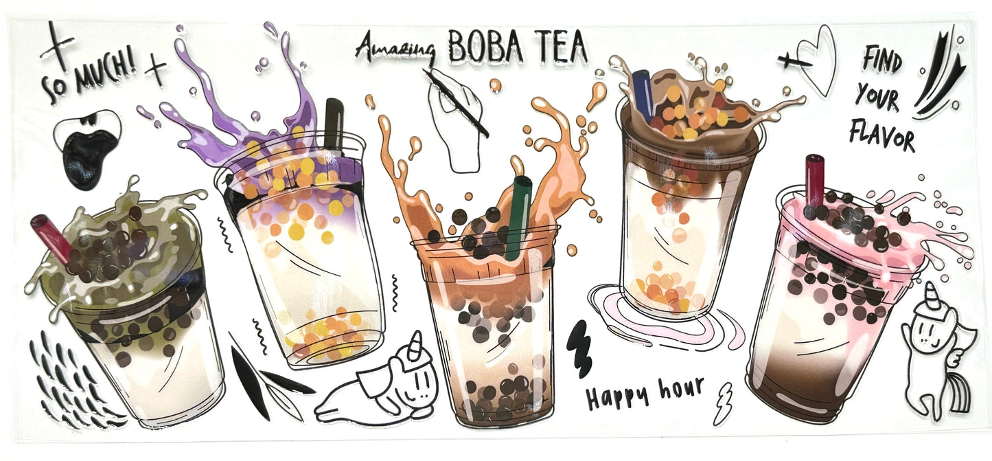 Illustration of various boba tea drinks with text and graphics on a white background