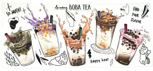 Illustration of various boba tea drinks with text and graphics on a white background