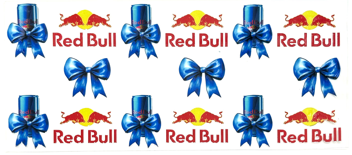 Red Bul! logo with blue bows on a white background