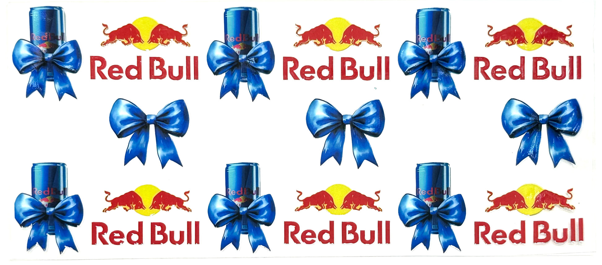 Red Bul! logo with blue bows on a white background