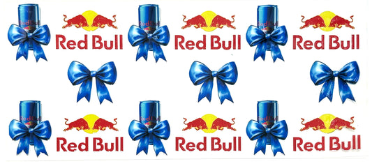 Red Bul! logo with blue bows on a white background