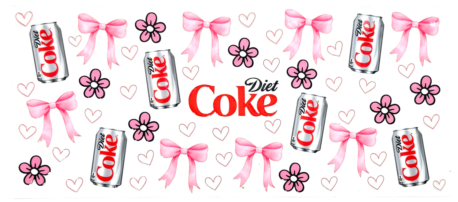 Diet Soda cans with pink bows, flowers, and hearts on a white background
