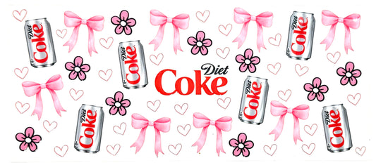 Diet Soda cans with pink bows, flowers, and hearts on a white background