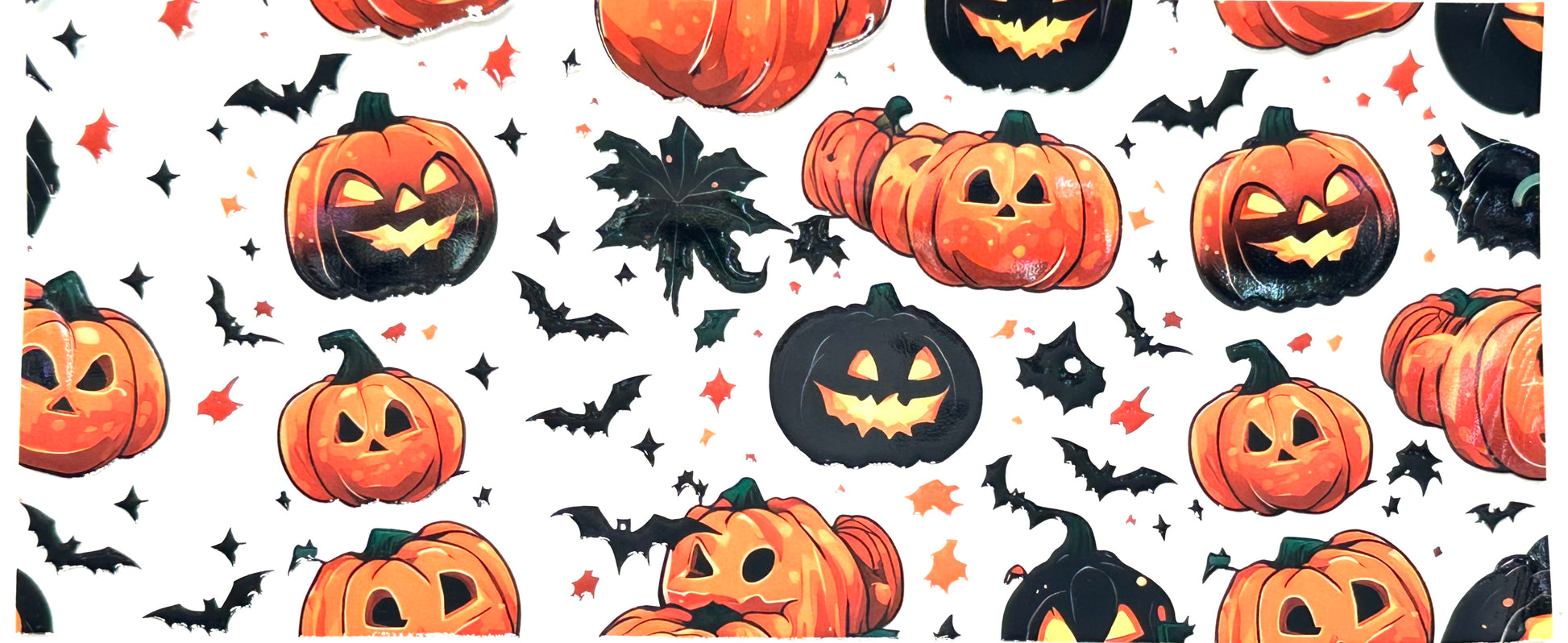 Pattern of Halloween-themed illustrations including pumpkins, bats, and ghosts on a white background.