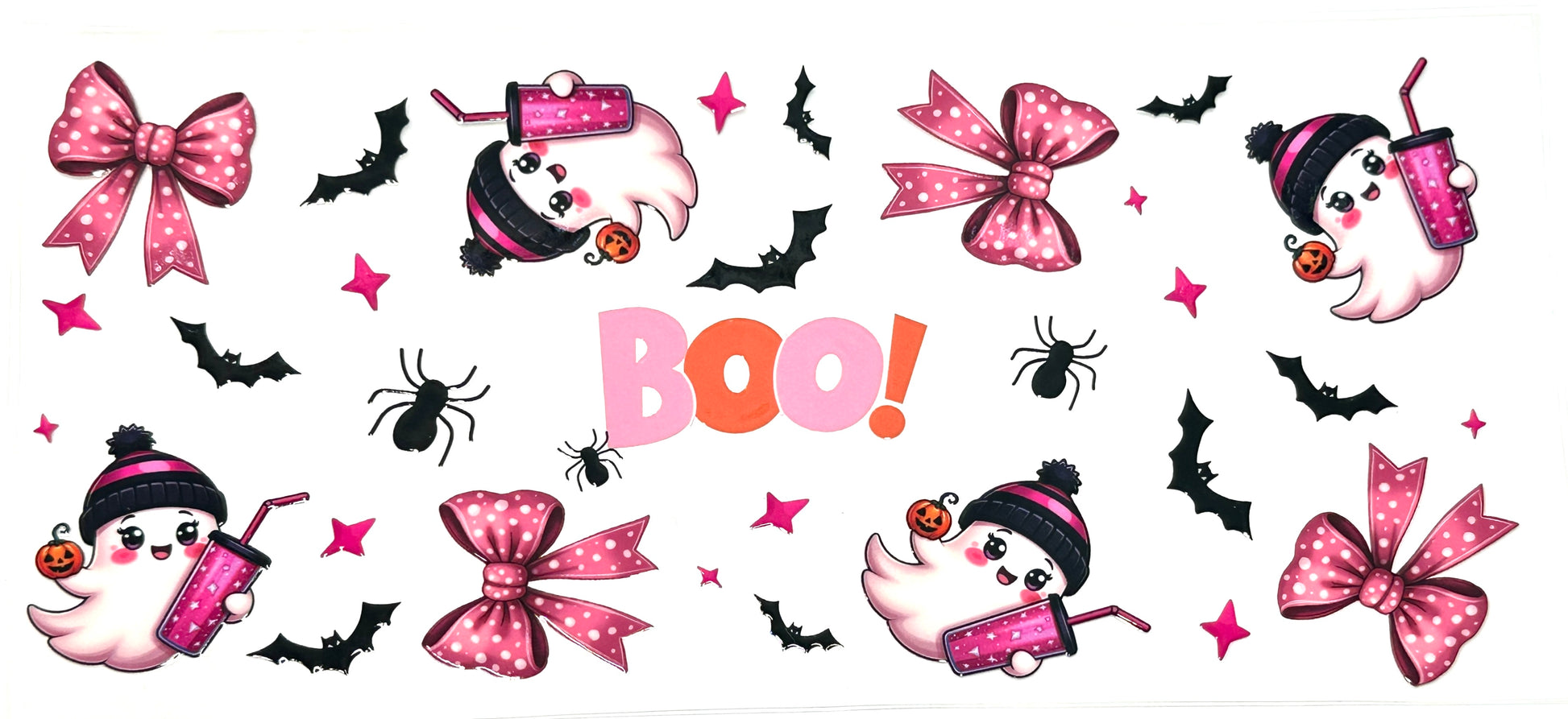Halloween-themed stickers with ghosts, bows, and 'BOO!' text on a white background.