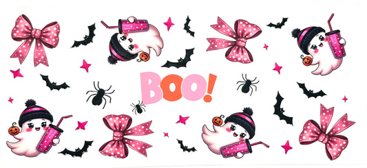 Halloween-themed stickers with ghosts, bows, and 'BOO!' text on a white background.