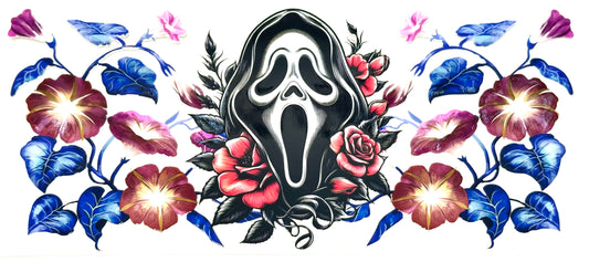 Scream mask surrounded by flowers on a colorful background
