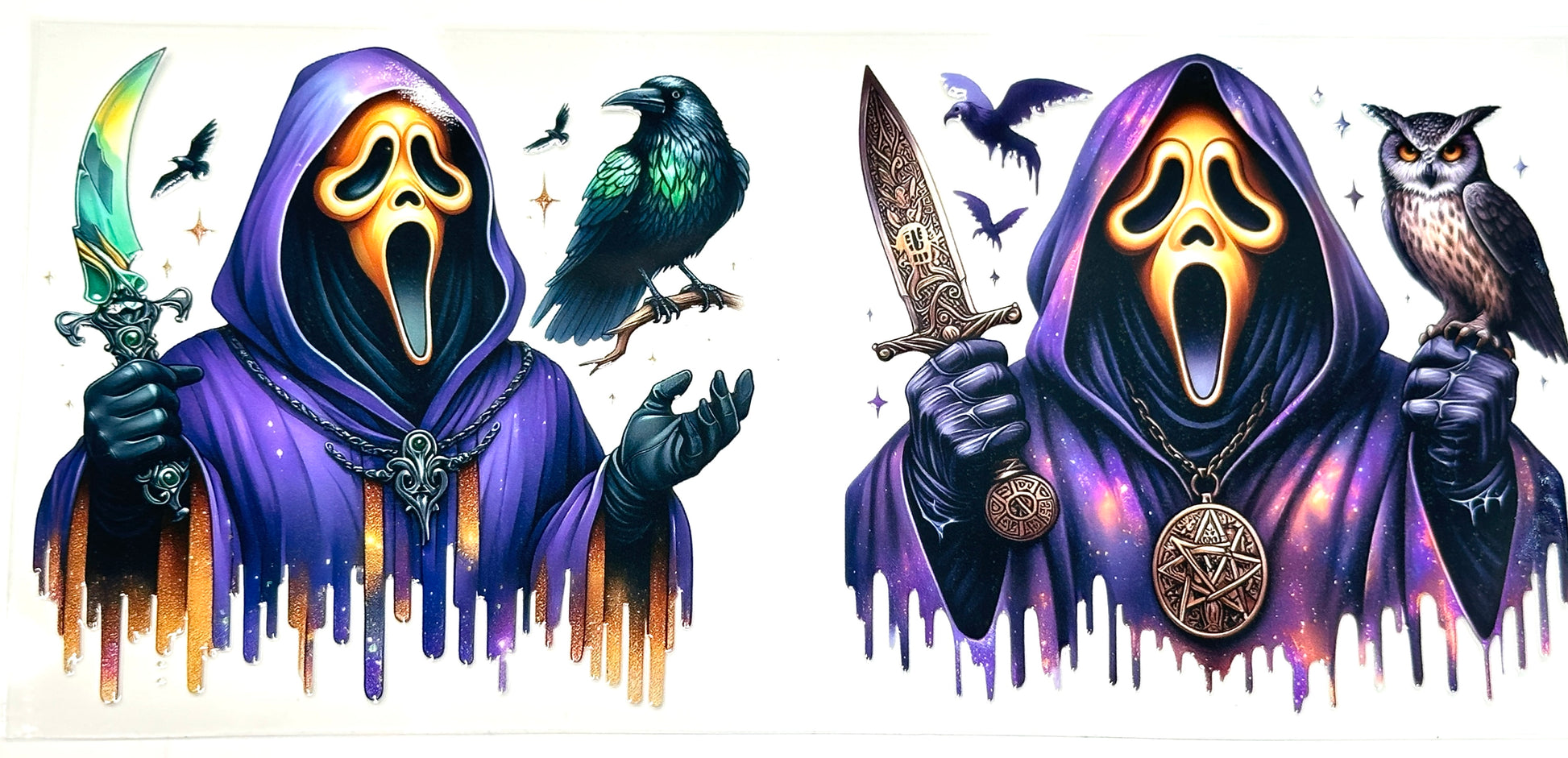 Two hooded figures with weapons and animals on a white background