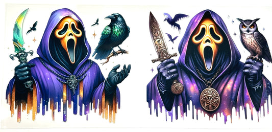 Two hooded figures with weapons and animals on a white background