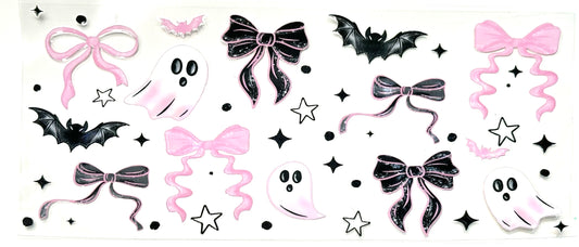 Halloween-themed decorative stickers with ghosts, bows, and bats on a white background.