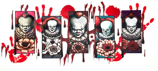 Stylized illustration of a character with a bloody background and floral elements.