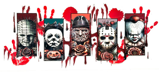 Five horror-themed masks with blood and weapons on a white background