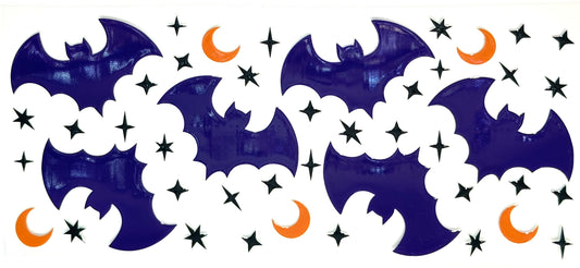 Decorative elements with bats, stars, and crescent moons on a white background