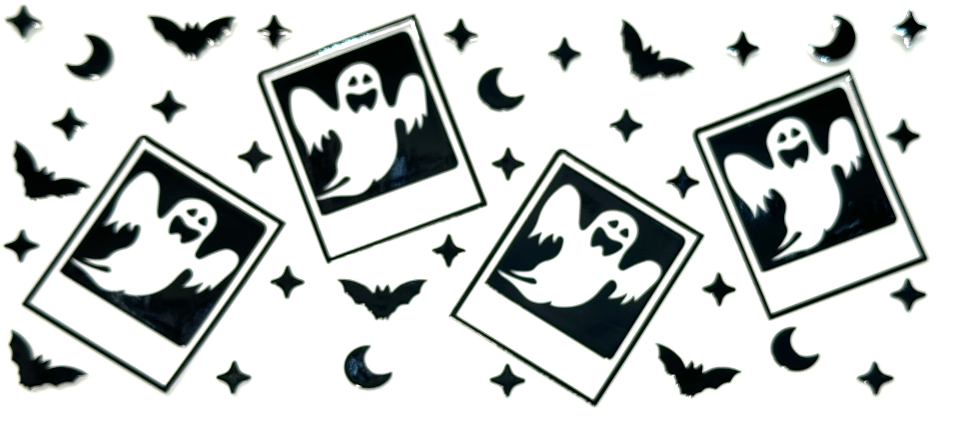 Halloween-themed design with ghosts, bats, and stars on a white background