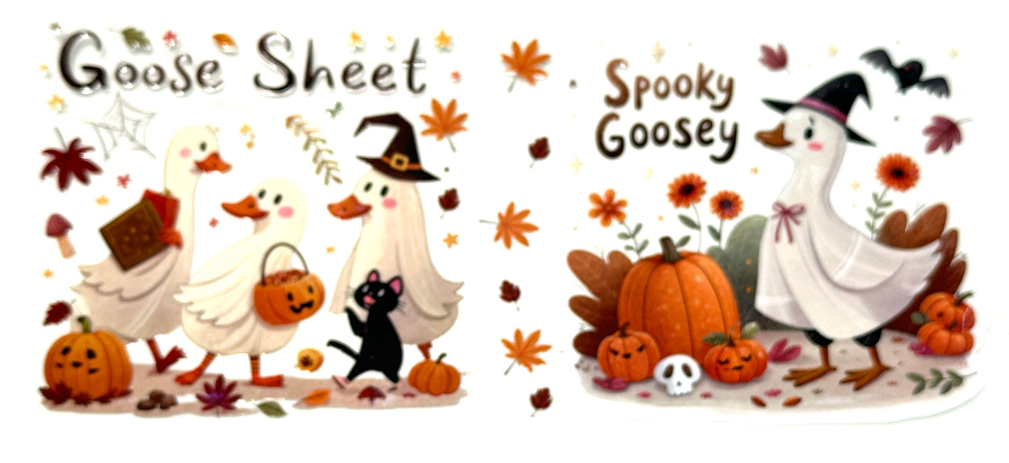 Two Halloween-themed stickers with geese, pumpkins, and leaves on a white background.