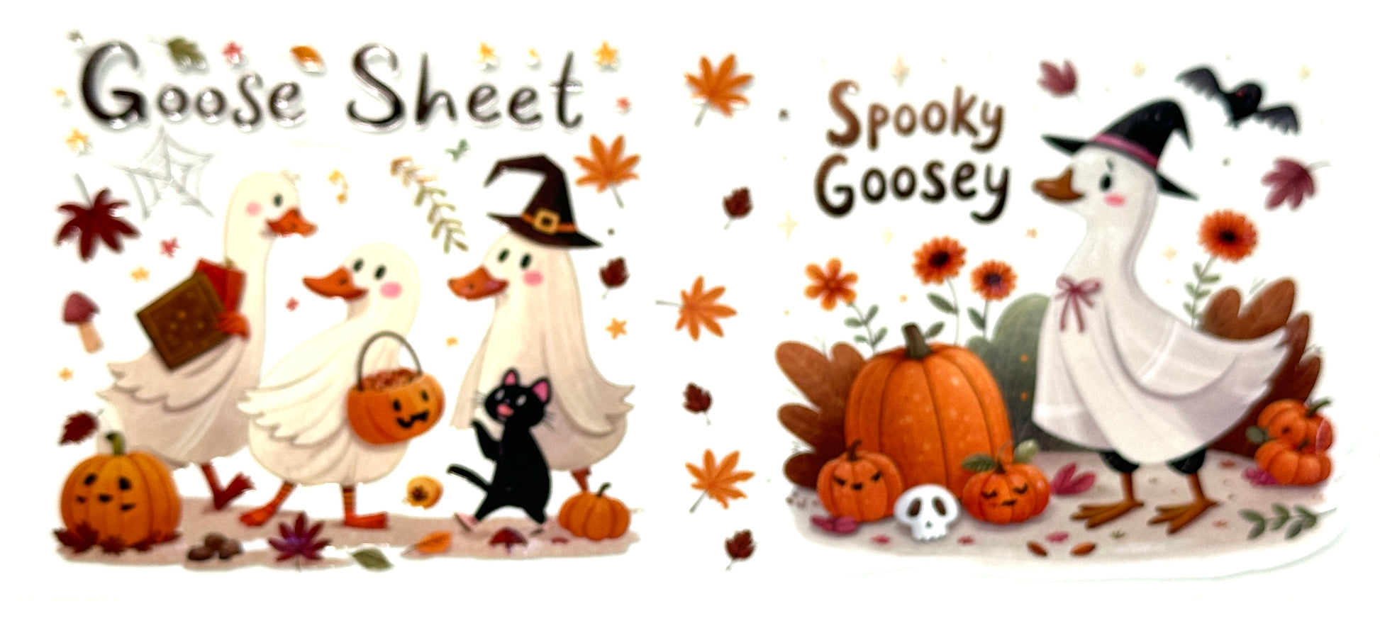 Two Halloween-themed stickers with geese, pumpkins, and leaves on a white background.