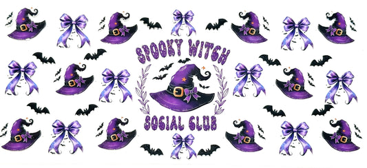 Halloween-themed design with purple witch hats, bows, and bats on a white background.