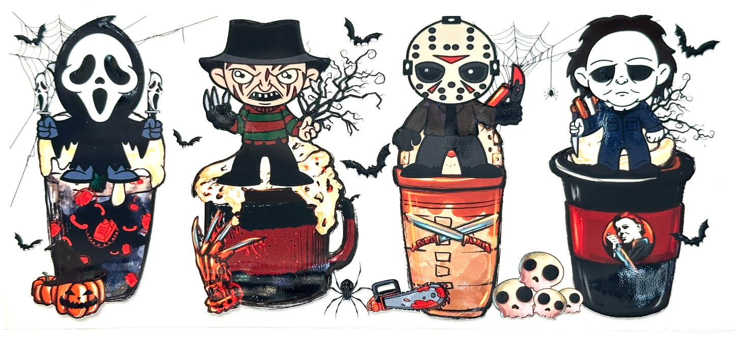 Four Halloween-themed figures in buckets with various horror movie character masks on a white background.