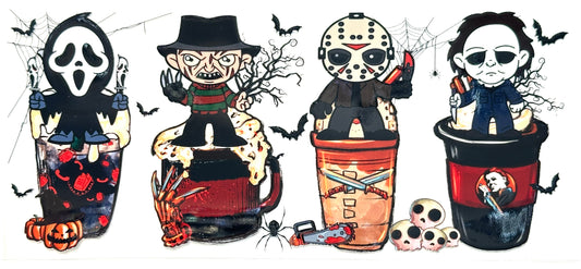 Four Halloween-themed figures in buckets with various horror movie character masks on a white background.