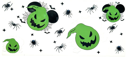 Halloween-themed stickers with green jack-o'-lantern faces, black bats, and spiders on a white background.