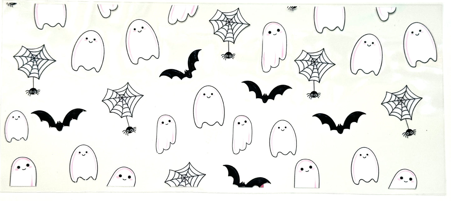 Halloween-themed design with ghosts, bats, and spider webs on a white background