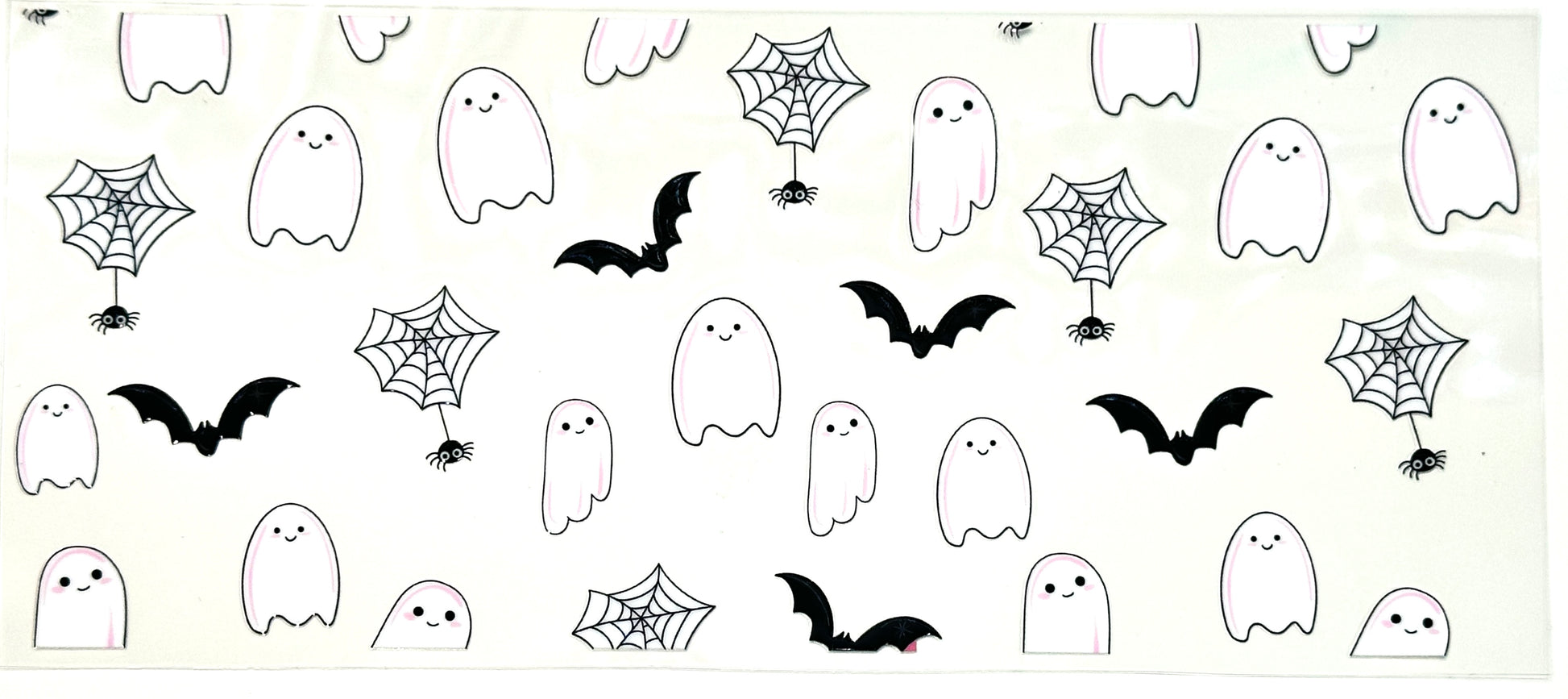 Halloween-themed design with ghosts, bats, and spider webs on a white background