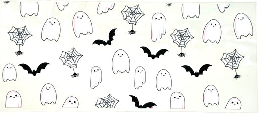 Halloween-themed design with ghosts, bats, and spider webs on a white background
