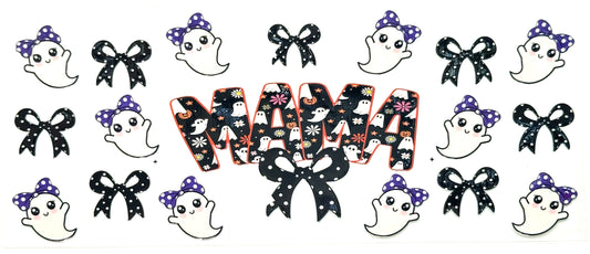 Decorative text with Halloween-themed graphics including ghosts, bows, and flowers on a white background.