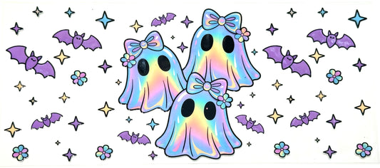 Colorful ghost illustrations with bows, bats, and flowers on a white background