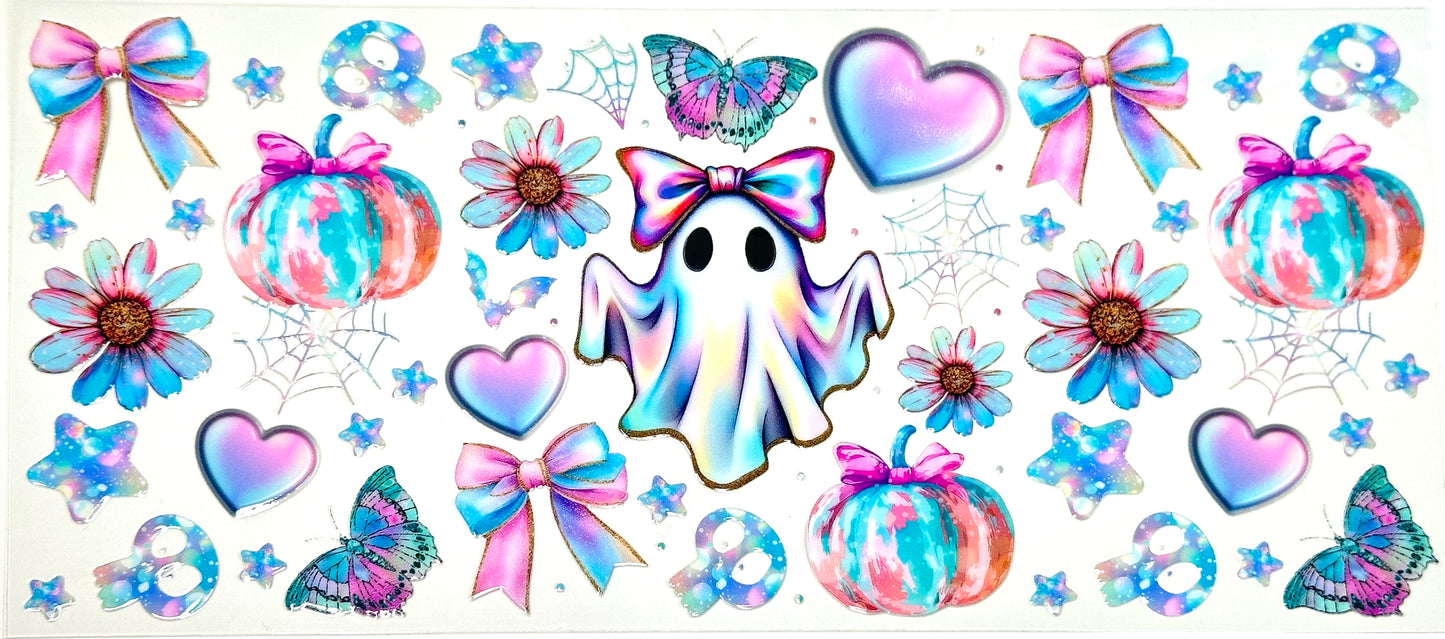 Colorful ghost, pumpkins, flowers, and butterflies on a white background