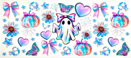 Colorful ghost, pumpkins, flowers, and butterflies on a white background