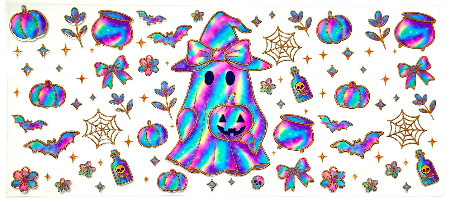 Halloween-themed stickers with a ghost, pumpkins, and other decorations on a white background.