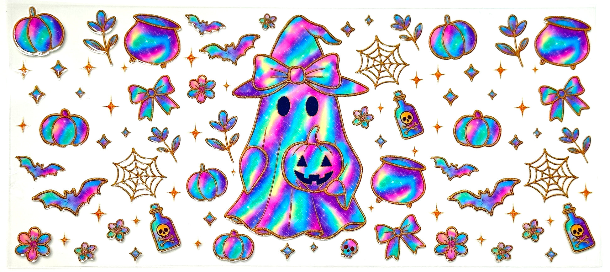 Halloween-themed stickers with a ghost, pumpkins, and other decorations on a white background.