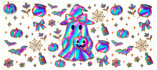 Halloween-themed stickers with a ghost, pumpkins, and other decorations on a white background.