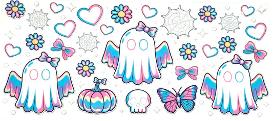 Colorful ghost, pumpkin, butterfly, and heart illustrations on a white background