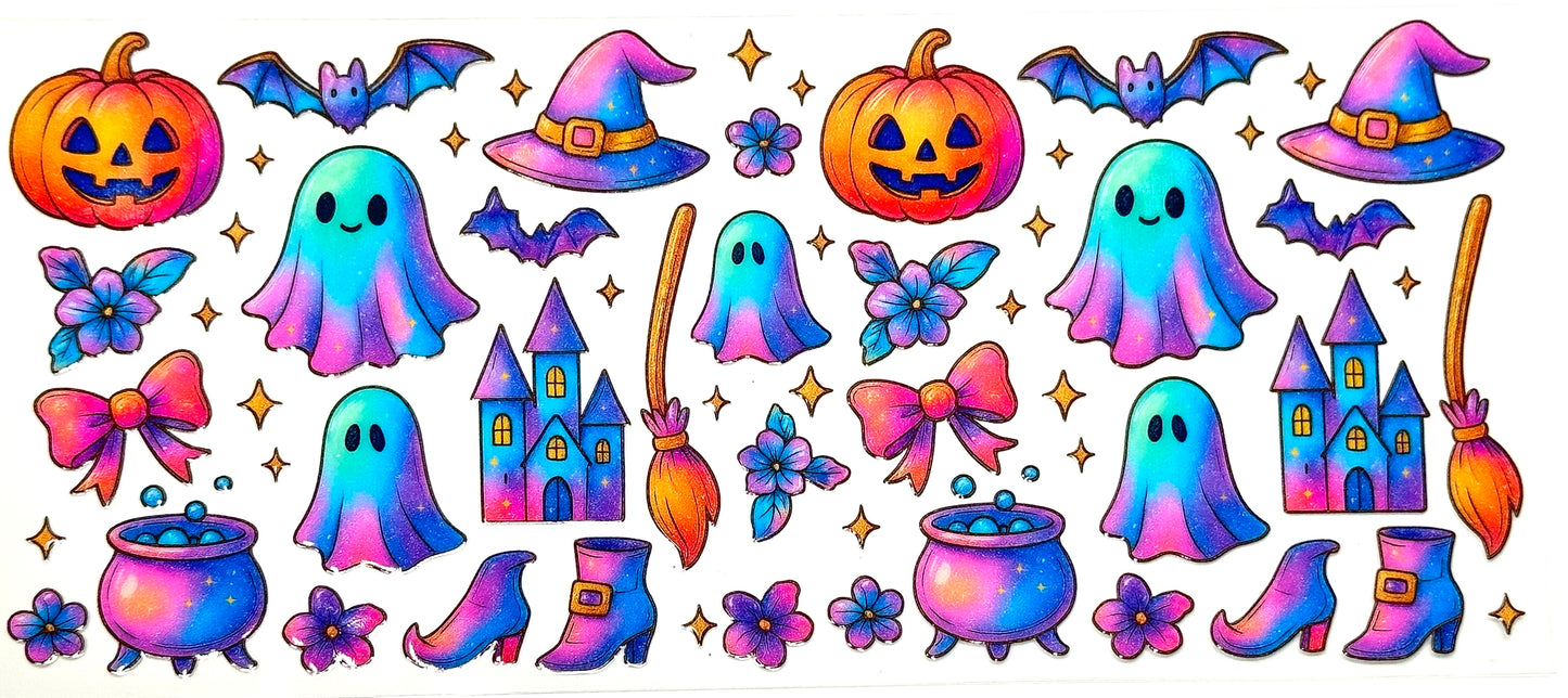Colorful Halloween-themed stickers with ghosts, pumpkins, and other elements on a white background.