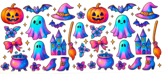 Colorful Halloween-themed stickers with ghosts, pumpkins, and other elements on a white background.
