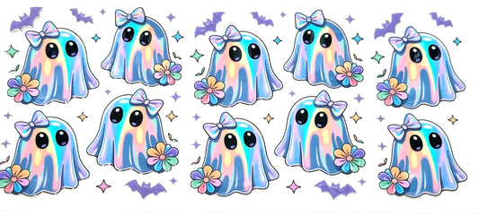 Row of colorful ghost illustrations with flowers and bats on a white background