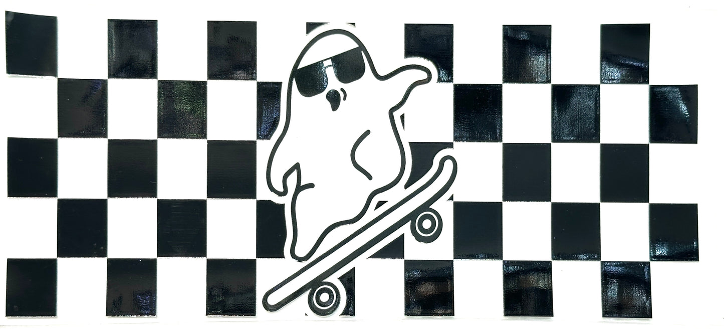 Skateboarder ghost graphic on a black and white checkered background