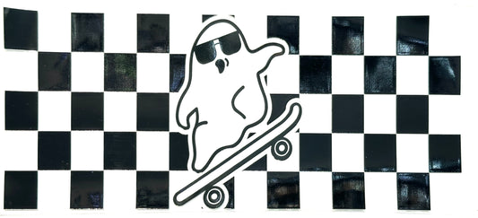 Skateboarder ghost graphic on a black and white checkered background