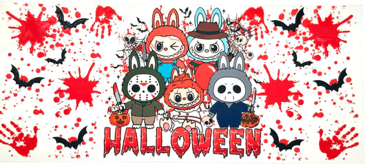 Halloween-themed design with cartoon characters, bats, and blood splatters on a white background.