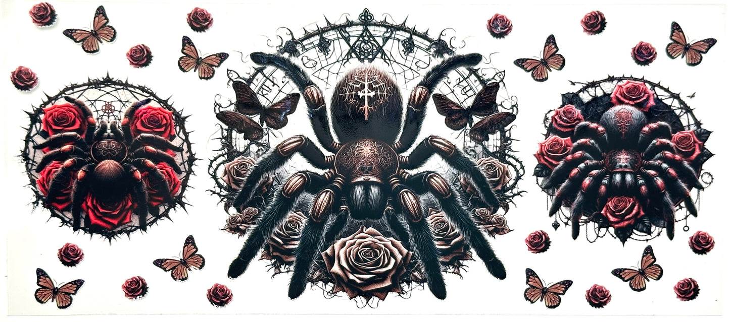 Decorative design with spiders, roses, and butterflies on a white background