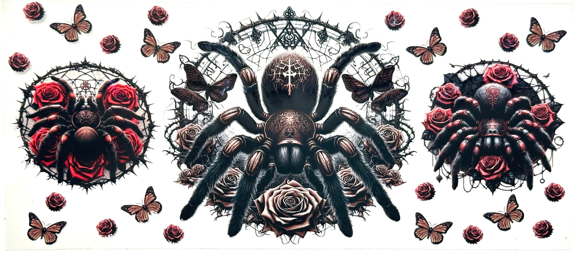 Decorative design with spiders, roses, and butterflies on a white background