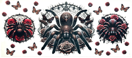 Decorative design with spiders, roses, and butterflies on a white background