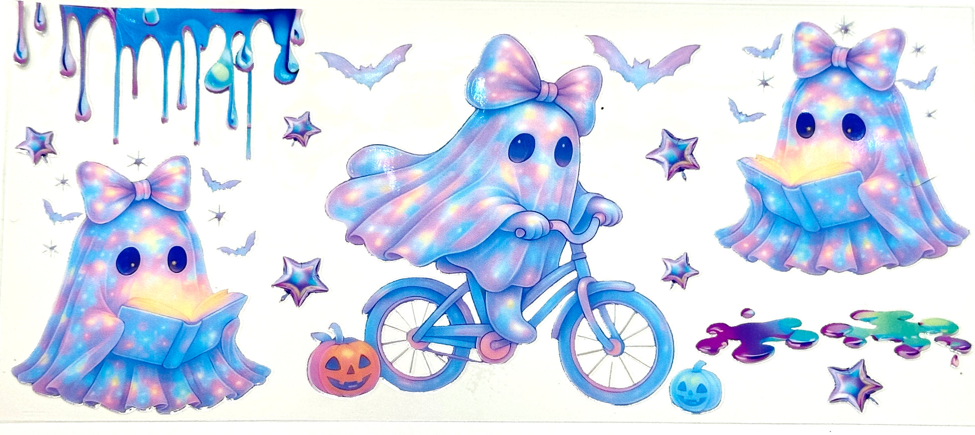 Cartoon ghosts in dresses with a bicycle, stars, and pumpkins on a white background