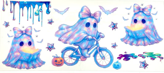 Cartoon ghosts in dresses with a bicycle, stars, and pumpkins on a white background