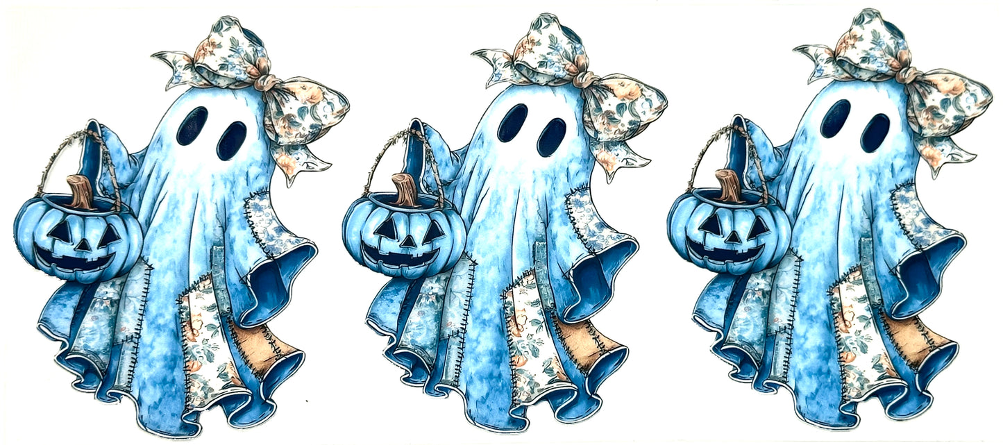 Three blue ghost illustrations with pumpkin baskets on a white background
