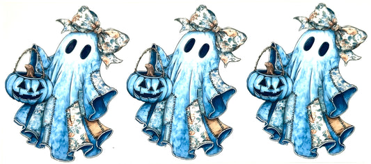 Three blue ghost illustrations with pumpkin baskets on a white background